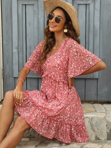 Ditsy Floral Print Ruffle Trim Dress - Pink - View 5