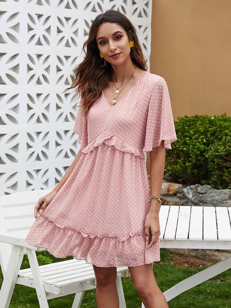Swiss Dot Ruffle Hem Dress - Baby Pink - View 4