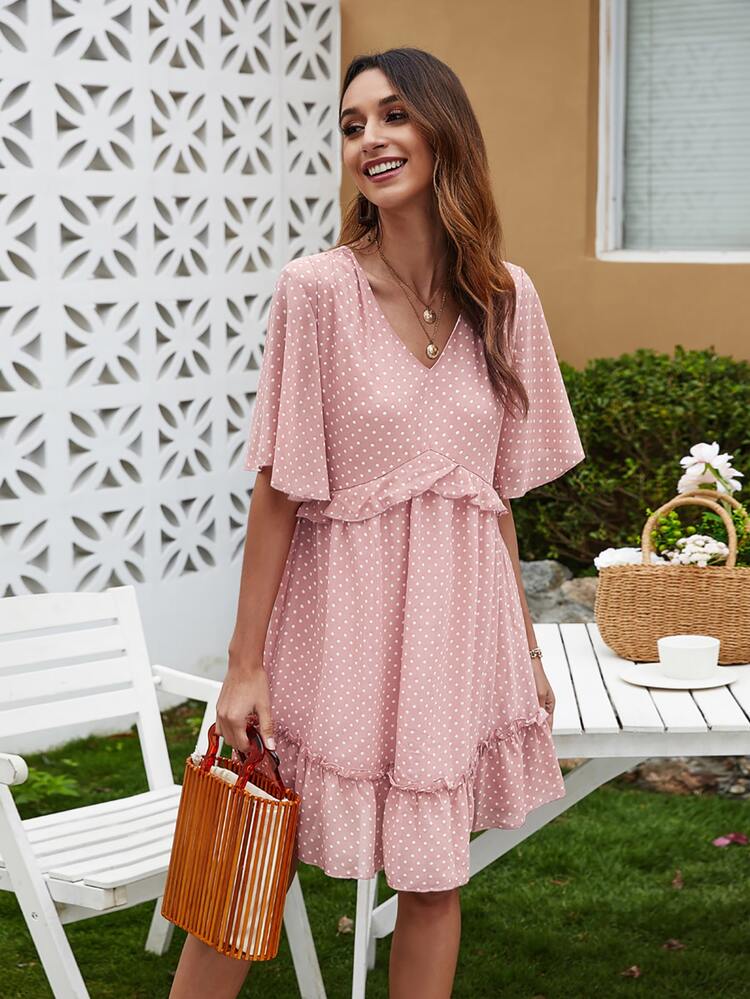 Swiss Dot Ruffle Hem Dress - Baby Pink - View 5