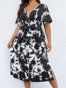SHEIN LUNE Plus Tie Dye Split Thigh Dress - Black and White - View 3