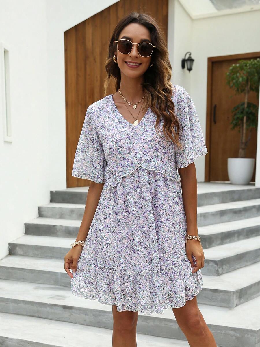 碎花荷葉邊洋裝 - 彩色 - 查看 1