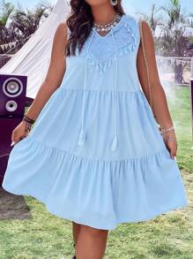 SHEIN LUNE 大碼蕾絲拼接流蘇繫帶領荷葉邊娃娃裙 - 淺藍色 - 查看 5