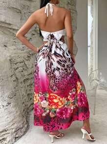 SHEIN VCAY Floral & Leopard Print Cut Out Tie Backless Split Thigh Halter Neck Dress - Multicolor - View 2