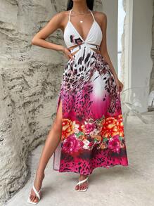 SHEIN VCAY Floral & Leopard Print Cut Out Tie Backless Split Thigh Halter Neck Dress - Multicolor - View 3