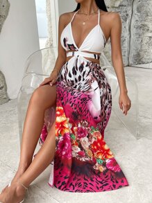 SHEIN VCAY Floral & Leopard Print Cut Out Tie Backless Split Thigh Halter Neck Dress - Multicolor - View 6