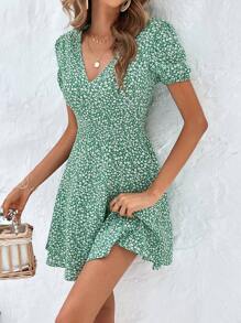 SHEIN Frenchy Đầm Dây kéo Họa tiết hoa Boho - màu xanh lá - Xem 4