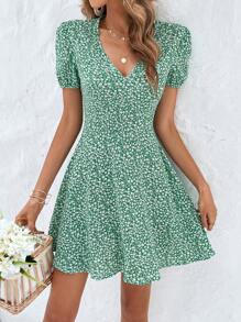 SHEIN Frenchy Đầm Dây kéo Họa tiết hoa Boho - màu xanh lá - Xem 5