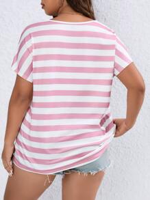 SHEIN LUNE 大碼條紋圖案蝙蝠袖T恤 - 粉色 - 查看 2