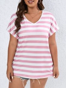 SHEIN LUNE 大碼條紋圖案蝙蝠袖T恤 - 粉色 - 查看 3