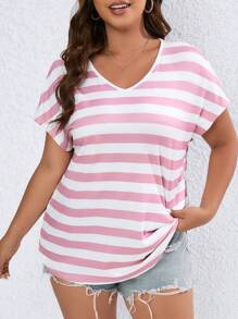 SHEIN LUNE 大碼條紋圖案蝙蝠袖T恤 - 粉色 - 查看 4