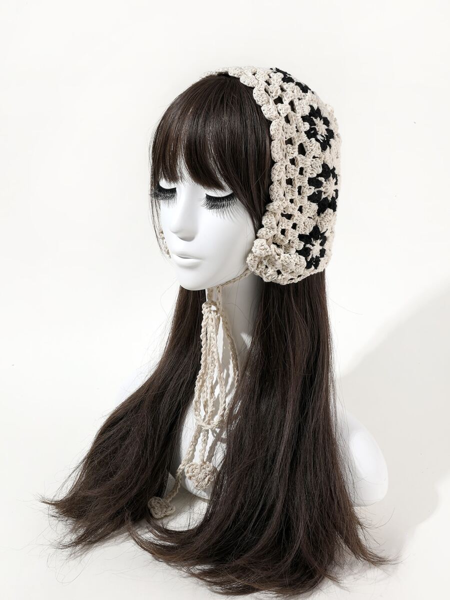 1入組女士手工鉤針花鏤空頭帶百搭塑臉頭巾適合春夏日常佩戴 - 米色 - 查看 1