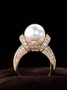 1pc Glamorous Faux Pearl & Cubic Zirconia Decor Ring For Women For Wedding Party