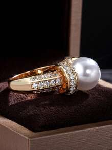 1pc Glamorous Faux Pearl & Cubic Zirconia Decor Ring For Women For Wedding Party