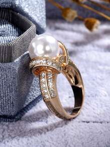 1pc Glamorous Faux Pearl & Cubic Zirconia Decor Ring For Women For Wedding Party