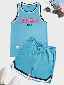 Manfinity VCAY Men Letter Graphic Contrast Trim Tank Top & Drawstring Waist Shorts - Blue - View 1