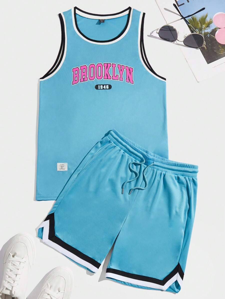 Manfinity VCAY Men Letter Graphic Contrast Trim Tank Top & Drawstring Waist Shorts - Blue - View 1
