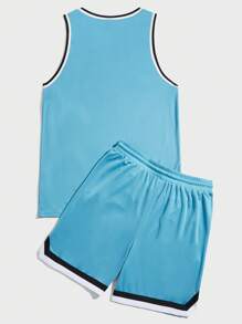 Manfinity VCAY Men Letter Graphic Contrast Trim Tank Top & Drawstring Waist Shorts - Blue - View 2