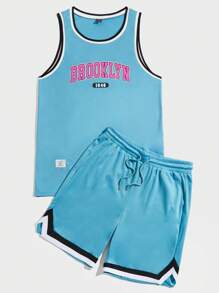 Manfinity VCAY Men Letter Graphic Contrast Trim Tank Top & Drawstring Waist Shorts - Blue - View 3
