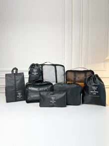 8pcs Letter Graphic Travel Storage Bag Set Black Clothes Storage Bag,Travel Organizer Set,Packing Cube Set,Suitcase Storage Bag Set,Travel Storage Set With Shoe Toiletry and Laundry Bags School Supplies Room Decor Bedroom Decor Dorm Essentials for School Student Teacher - Black - View 1