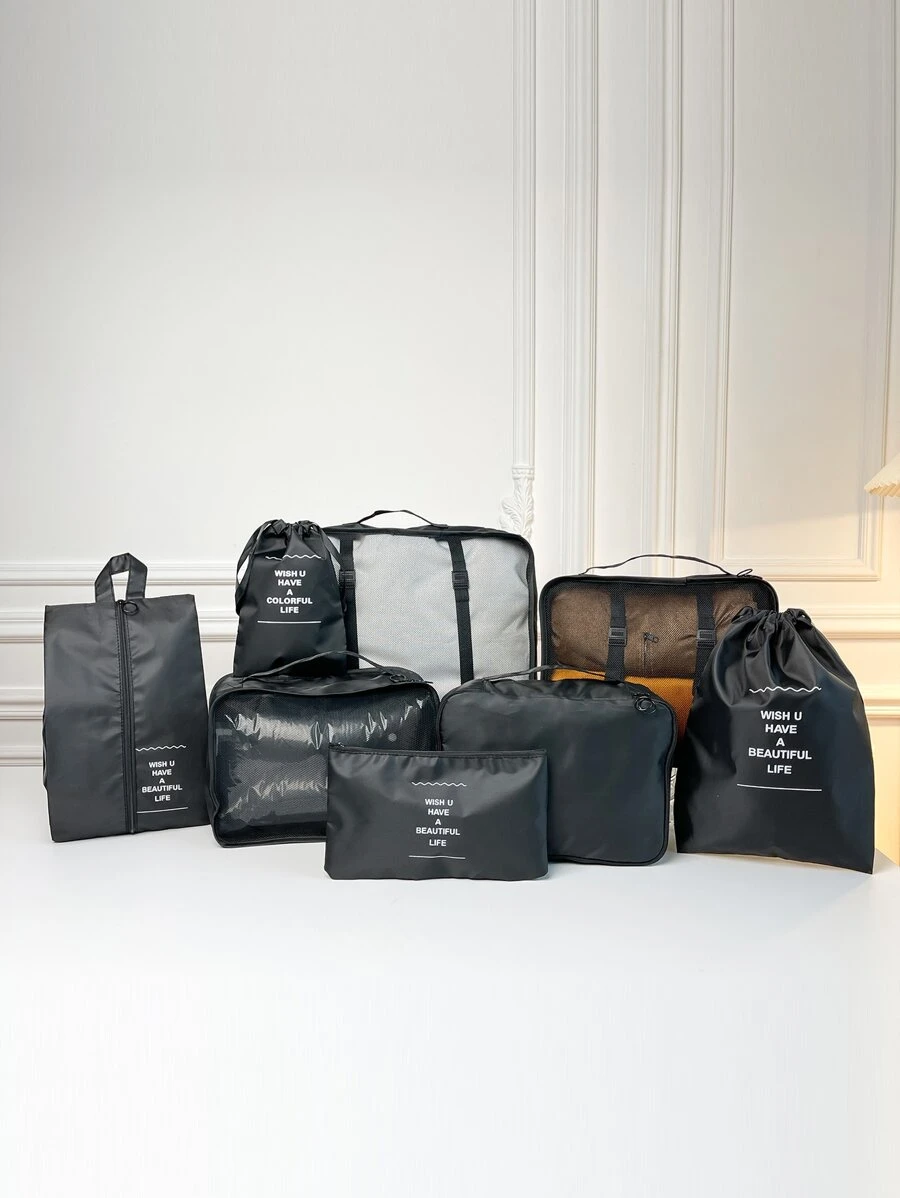 8pcs Letter Graphic Travel Storage Bag Set Black Clothes Storage Bag,Travel Organizer Set,Packing Cube Set,Suitcase Storage Bag Set,Travel Storage Set With Shoe Toiletry and Laundry Bags School Supplies Room Decor Bedroom Decor Dorm Essentials for School Student Teacher - Black - View 1