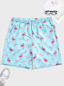 Manfinity VCAY 男士火烈鳥圖案腰部抽繩短褲 - 淺藍色 - 查看 1