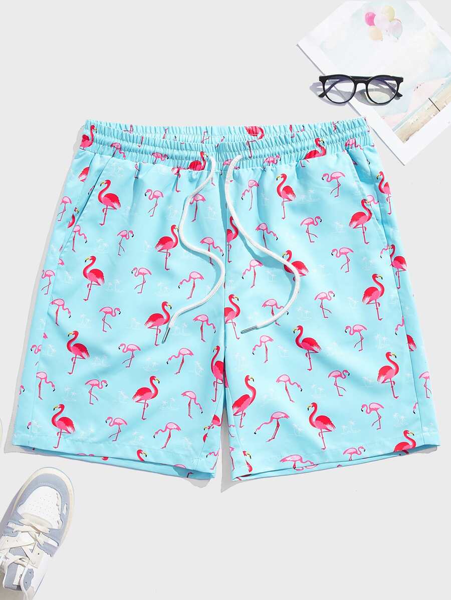 Manfinity VCAY 男士火烈鳥圖案腰部抽繩短褲 - 淺藍色 - 查看 1