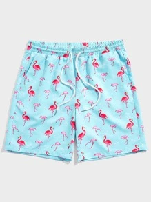 Manfinity VCAY 男士火烈鳥圖案腰部抽繩短褲 - 淺藍色 - 查看 3