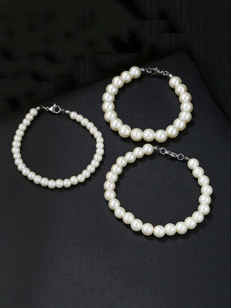 1條時尚男款人造珍珠手鏈,日常裝飾 - 白色 - 查看 1