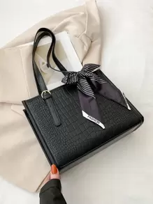 蝴蝶结装饰简约方形包鳄鱼压纹细围巾装饰，时尚蝴蝶结女士钱包