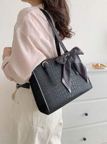 蝴蝶结装饰简约方形包鳄鱼压纹细围巾装饰，时尚蝴蝶结女士钱包