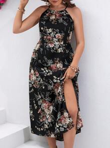 SHEIN Clasi Plus Floral Print Split Thigh Halter Dress - Multicolor - View 4