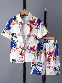 SHEIN 大童男孩字母圖形上衣和短褲,不含內搭 - 白色 - 查看 1