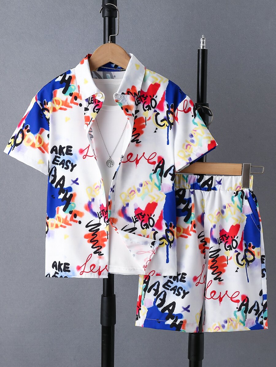 SHEIN 大童男孩字母圖形上衣和短褲,不含內搭 - 白色 - 查看 1