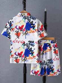 SHEIN 大童男孩字母圖形上衣和短褲,不含內搭 - 白色 - 查看 2