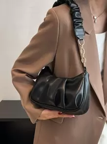 Minimalist Hobo Bag Ruched Detail Black Handbag Fashion Shoulder Bag Armpit Bag Chain Messenger Bag Women's Bag, Japanese Bag, Street & Japanese Bag For Women