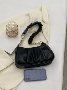 Minimalist Hobo Bag Ruched Detail Black Handbag Fashion Shoulder Bag Armpit Bag Chain Messenger Bag Women's Bag, Japanese Bag, Street & Japanese Bag For Women