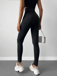SHEIN Cottnline طماق موحدة اللون شريط خصر واسع - الأسود - مشاهدة 2