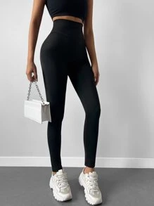 SHEIN Cottnline طماق موحدة اللون شريط خصر واسع - الأسود - مشاهدة 3