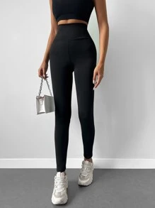 SHEIN Cottnline طماق موحدة اللون شريط خصر واسع - الأسود - مشاهدة 5
