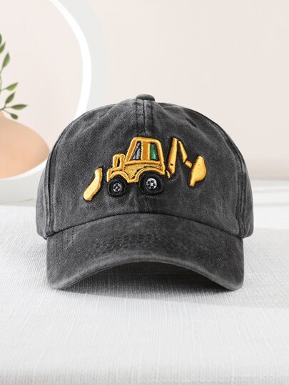 1 Pc Children's Black Multi-Color Excavator Embroidery Outdoor Casual Fashion Adjustable Size Sun Ion Spring Summer All Season Washed Baseball Cap, Versatile