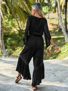 SHEIN VCAY Áo liền quần nữ Tương phản ren Thắt nút Túi Viên lá sen Trọn gói màu trơn Giải trí - màu đen - Xem 2