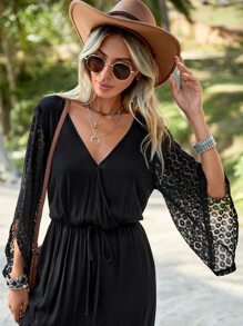 SHEIN VCAY Áo liền quần nữ Tương phản ren Thắt nút Túi Viên lá sen Trọn gói màu trơn Giải trí - màu đen - Xem 4