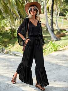 SHEIN VCAY Áo liền quần nữ Tương phản ren Thắt nút Túi Viên lá sen Trọn gói màu trơn Giải trí - màu đen - Xem 5