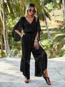 SHEIN VCAY Áo liền quần nữ Tương phản ren Thắt nút Túi Viên lá sen Trọn gói màu trơn Giải trí - màu đen - Xem 1