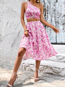 SHEIN VCAY Allover Floral Print One Shoulder Crop Top & Ruffle Hem Skirt - Multicolor - View 5