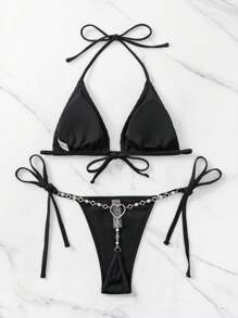 SHEIN Swim Ribbed Bikini Set Heart Chain Linked Halter Triangle Bra & G-String Bottom 2 Piece Rave Bathing Suit - Black - View 5
