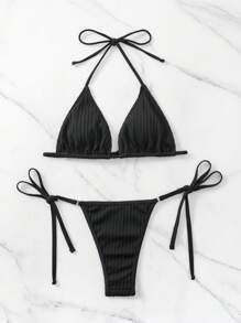 SHEIN Swim Ribbed Bikini Set Heart Chain Linked Halter Triangle Bra & G-String Bottom 2 Piece Rave Bathing Suit - Black - View 4