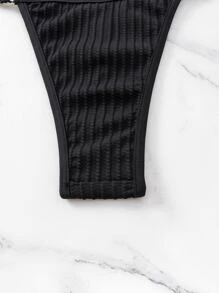 SHEIN Swim Ribbed Bikini Set Heart Chain Linked Halter Triangle Bra & G-String Bottom 2 Piece Rave Bathing Suit - Black - View 3