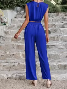 SHEIN VCAY Solid Satin Tank Top & Wide Leg Trousers - Royal Blue - View 2
