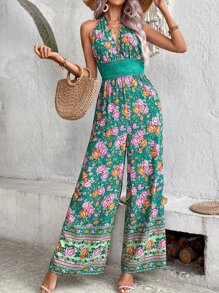 SHEIN VCAY Floral Print Tie Backless Wide Leg Halter Jumpsuit - Green - View 1